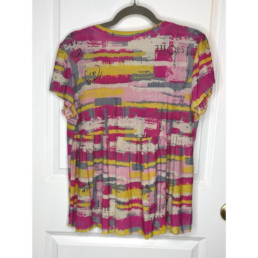 Multi-Color High-Low Hem Short Sleeve Lightweight Colorful Top Yellow Pinks Sz M - Picture 2 of 7
